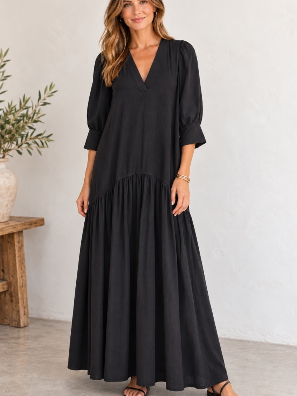 H&M maxi oversized black dress S tiered 3/4 balloon sleeves drop waist layering